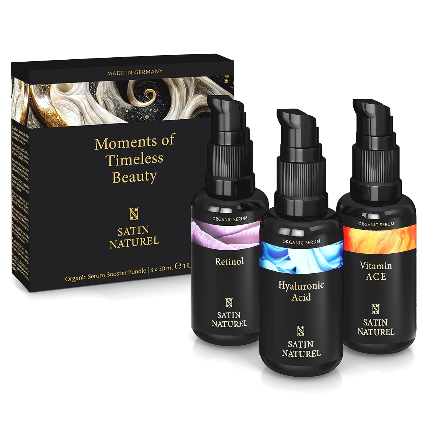 Detalle de Satin Naturel Luxus-Geschenkset 3x30ml Serum – Retinol, Hyaluron, Vitamin C