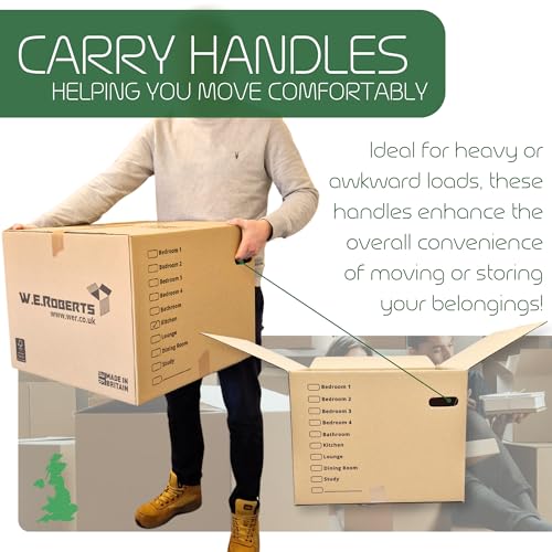 Detalle de W.E. Roberts 10 Strong Extra Large Cardboard Moving Boxes (52cm x 52cm x 40cm) with Printed Room List and Carry Handles