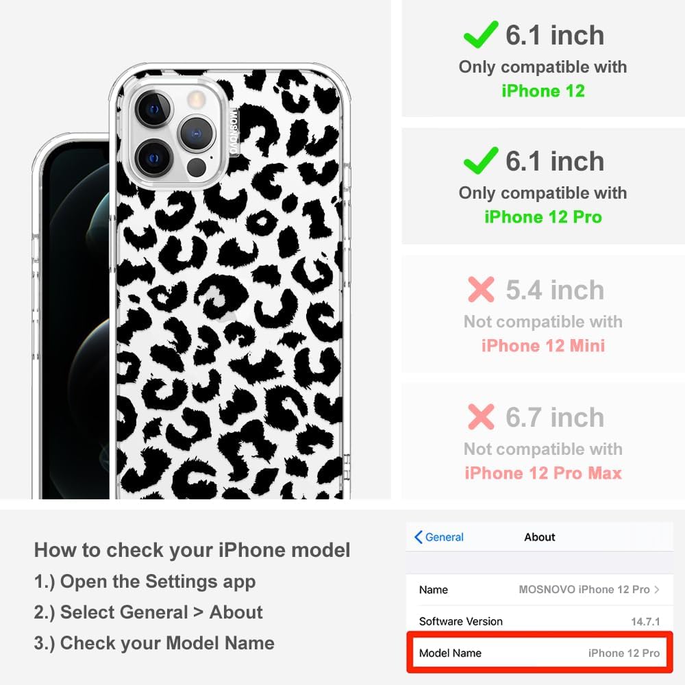 Thumbnail 1 de MOSNOVO Case for iPhone 12 & 12 Pro — Buffertech 6.6ft Drop Protection, Clear TPU Bumper, Black Leopard Print
