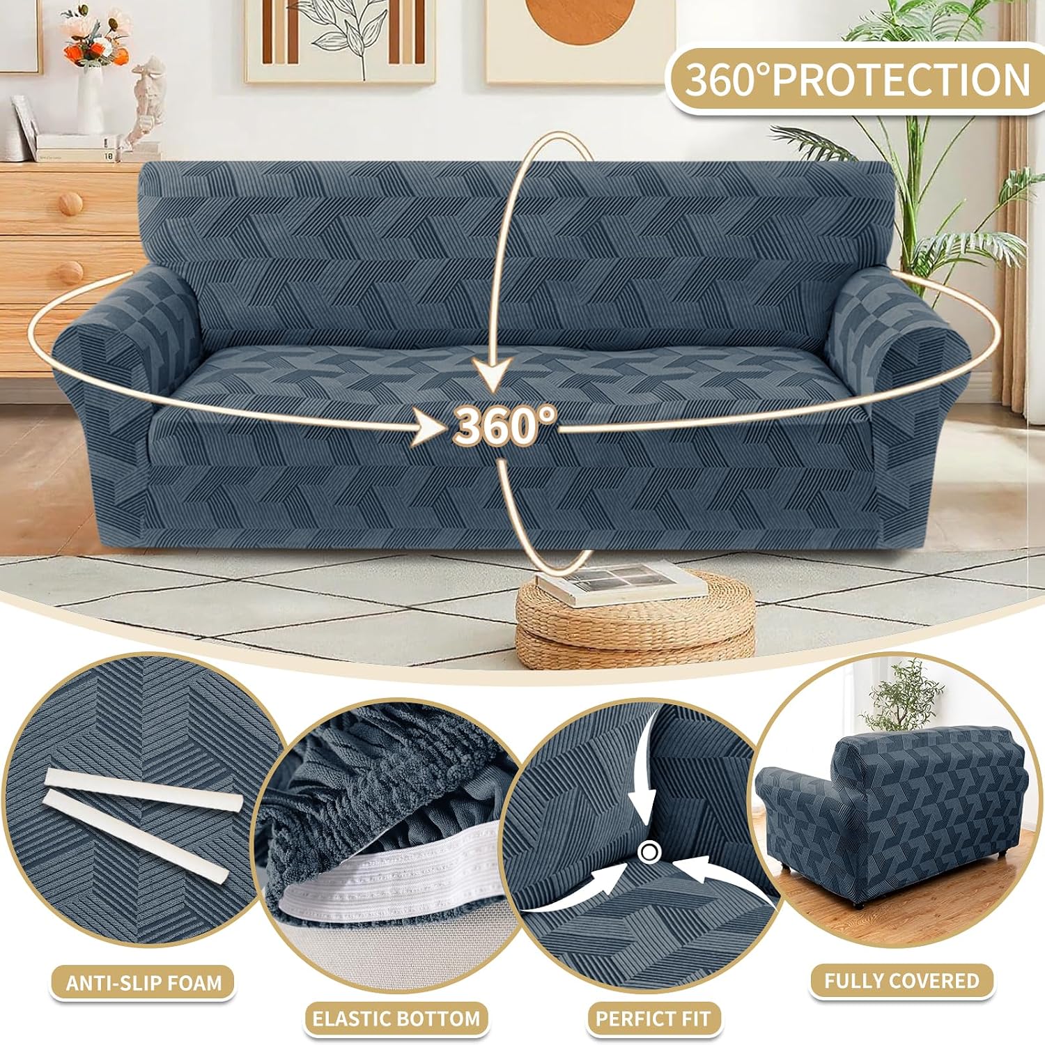 Detalle 2 de JIVINER 3-Cushion Couch Cover, Dark Grey Geometric Jacquard with Elastic Bottom