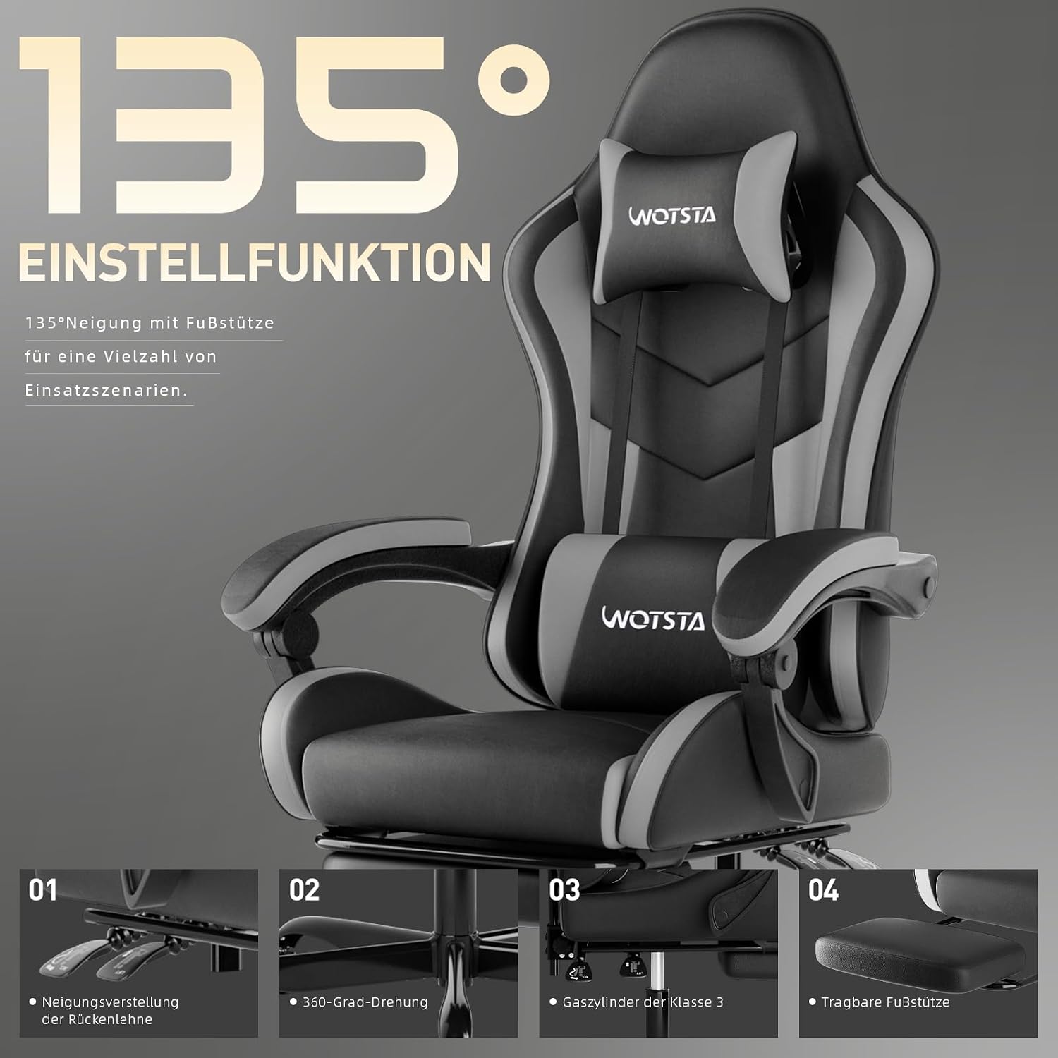 Thumbnail 6 de WOTSTA Gaming Stuhl 135° Neigungswinkel