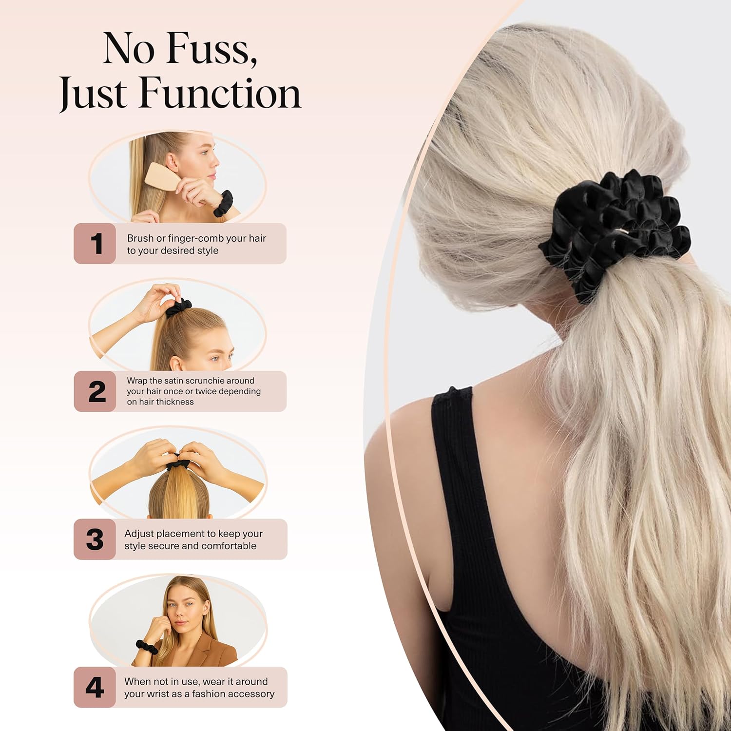 Detalle de Kitsch Satin Scrunchies for Women (Black, 5-pack) — No Crease, Frizz Control