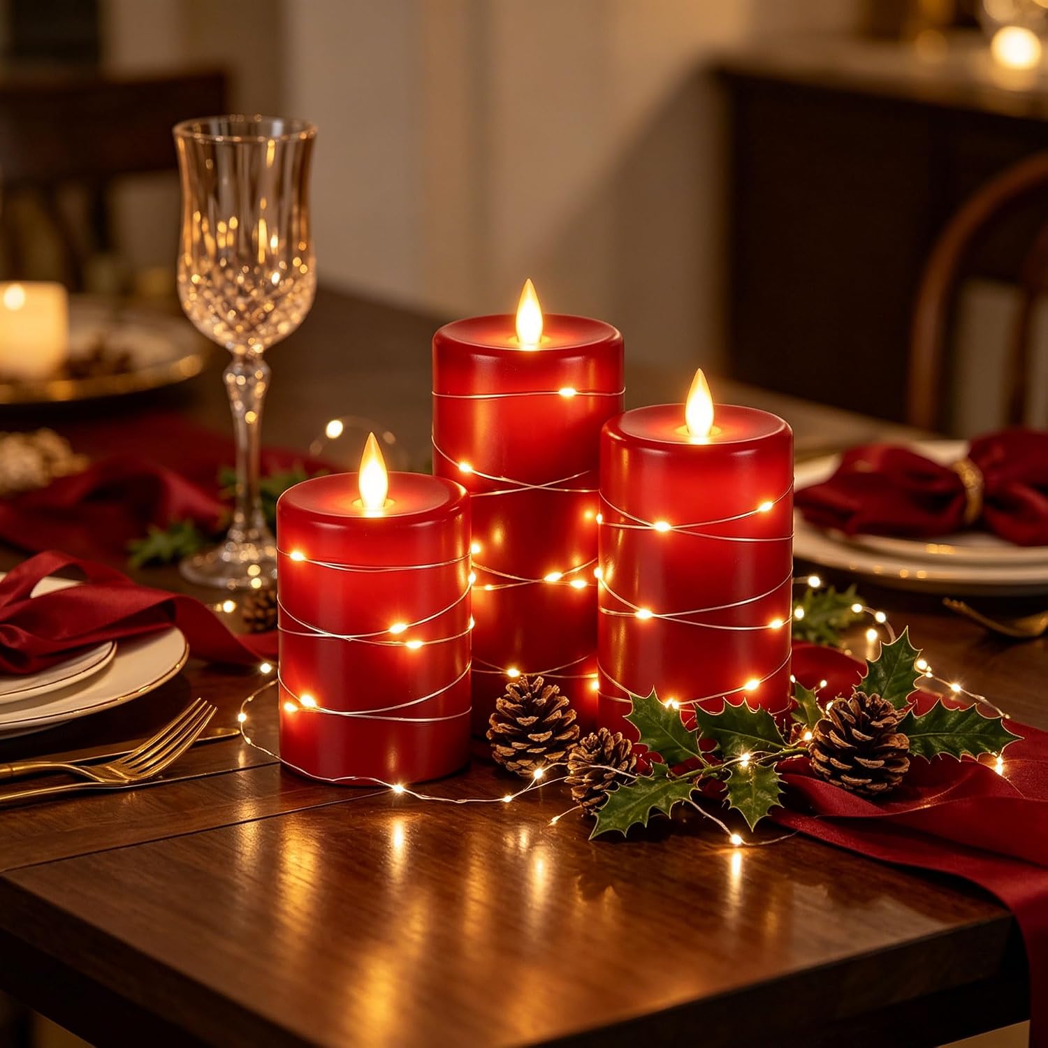 Detalle 1 de Da by 3-Pack Red Real Wax Flameless Taper Candles with Copper Lights & Remote