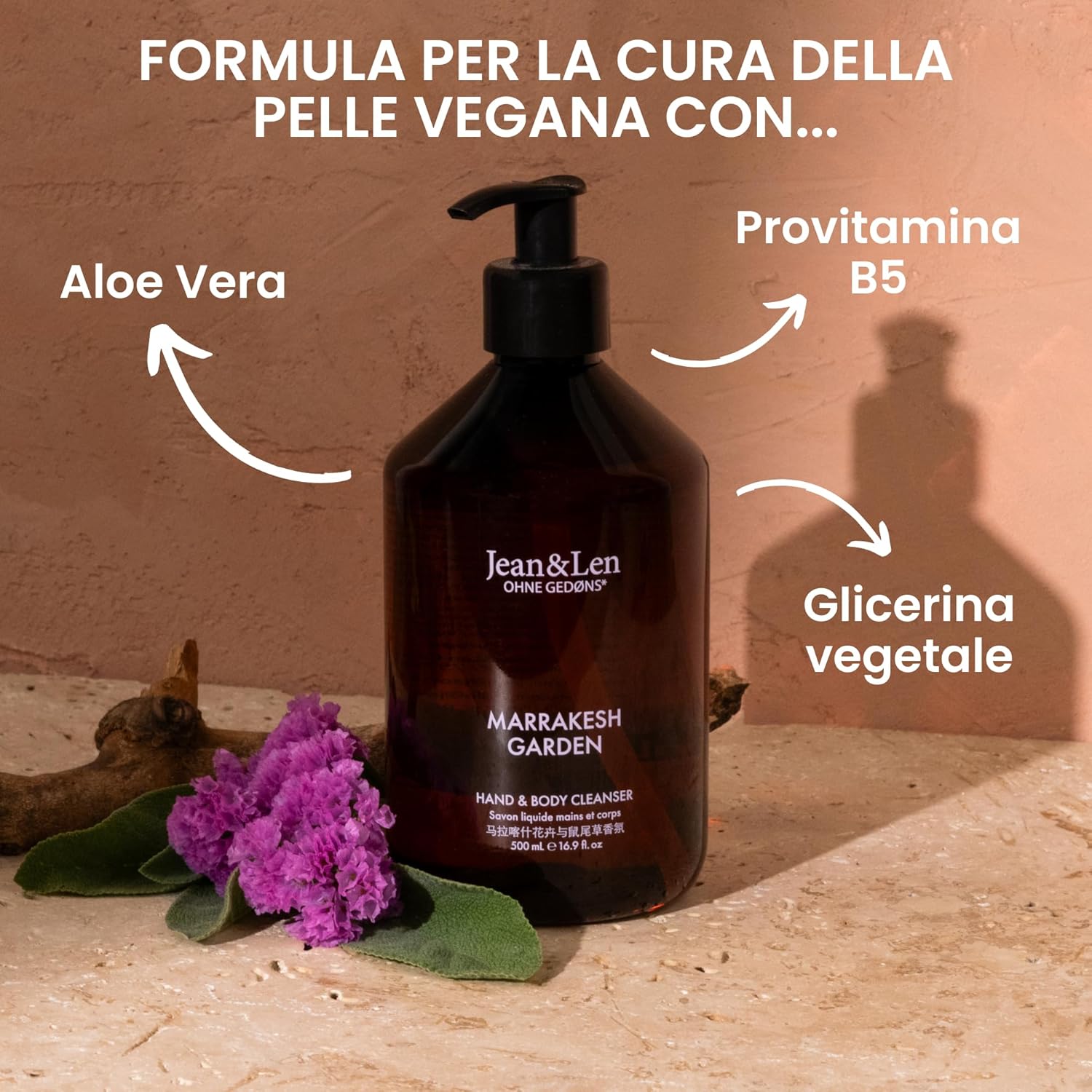 Detalle de Jean & Len Detergente Corpo e Mani Marrakech Garden 500 ml: pulizia profumata e vegana