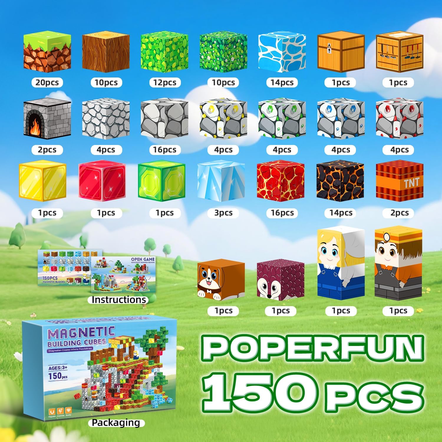 Thumbnail 1 de POPERFUN Construction Magnétique Enfant 150 Pièces – Bloc de Construction Magnétique Éducatif STEM