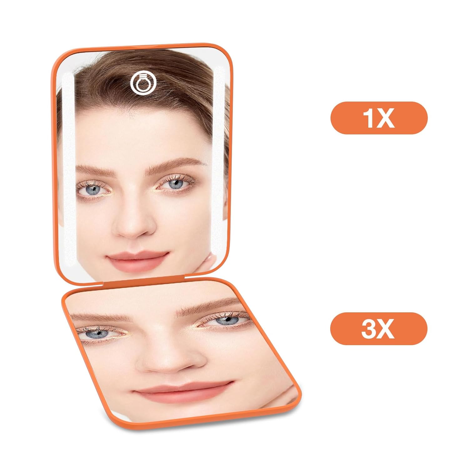 Detalle de Kintion Rechargeable Pocket Mirror (Double-Sided 1X/3X) with 3 Color Lights, Dimmable—Orange