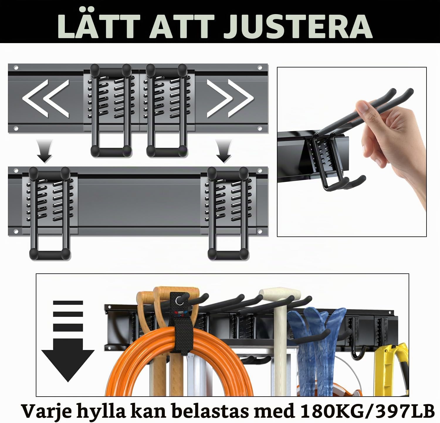 Thumbnail 1 de 3-H 80 cm justerbar redskapshållare för vägg, svart med 9 krokar