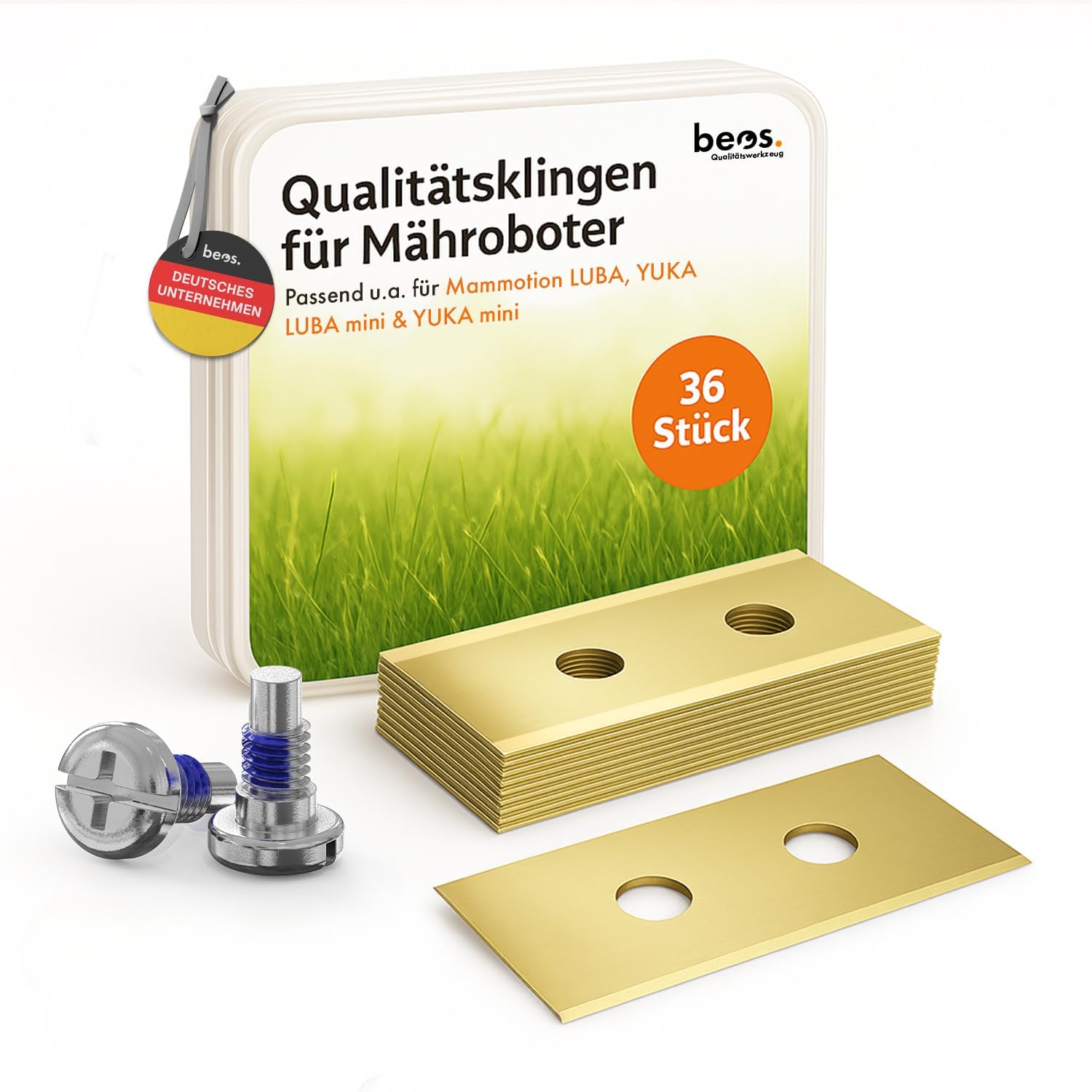 Detalle de BEOS 36x Premium Titan Ersatzmesser + Schrauben mit Sicherung – kompatibel mit Mammotion LUBA, LUBA 2, YUKA, LUBA Mini & YUKA Mini