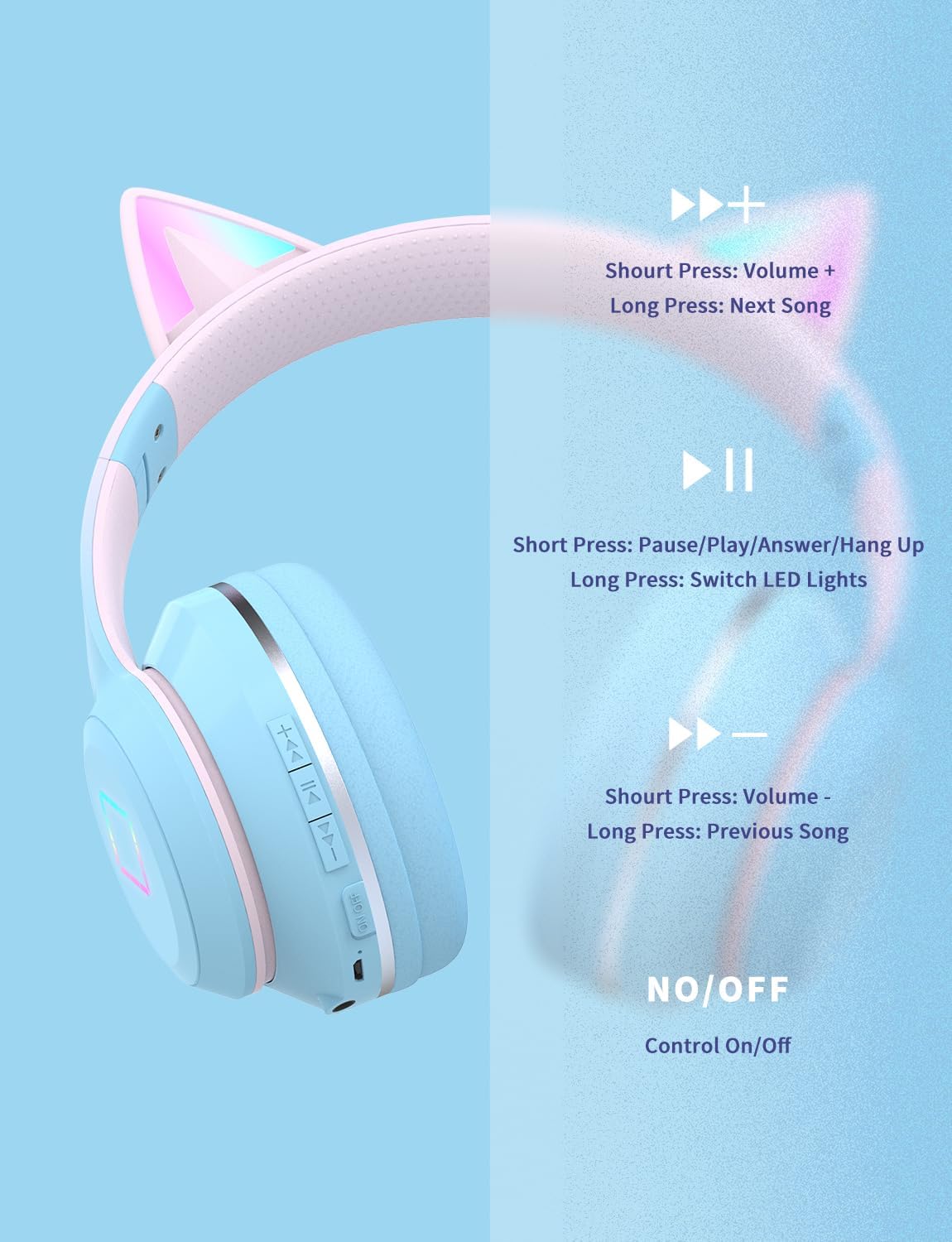 Detalle 2 de Xunpuls Bluetooth Kids Headphones with Cat Ear LED, Foldable Wireless Over-Ear (Blue)