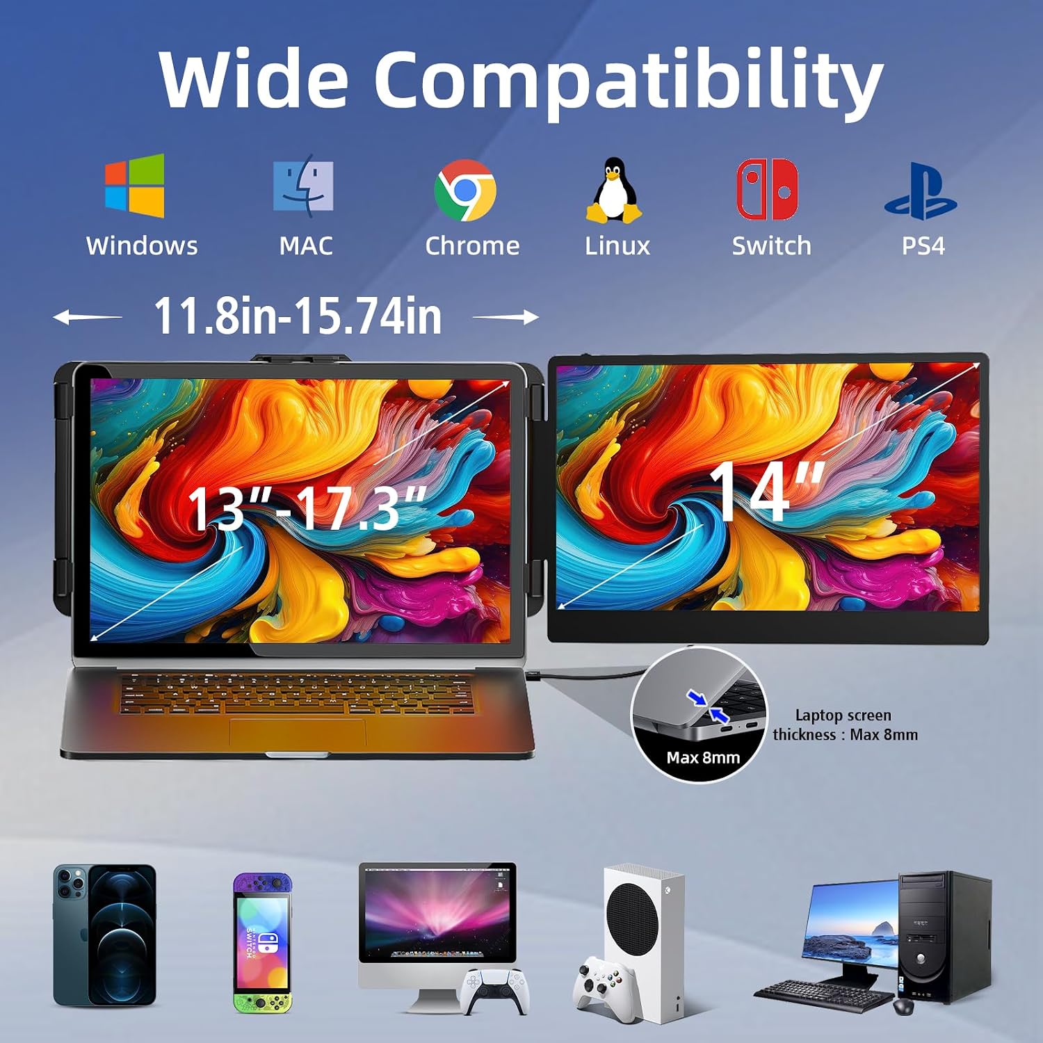 Detalle de hualink Laptop Screen Extender 14" FHD 1080P IPS — Dual Screen Portable Monitor for 13.3–17" Laptops