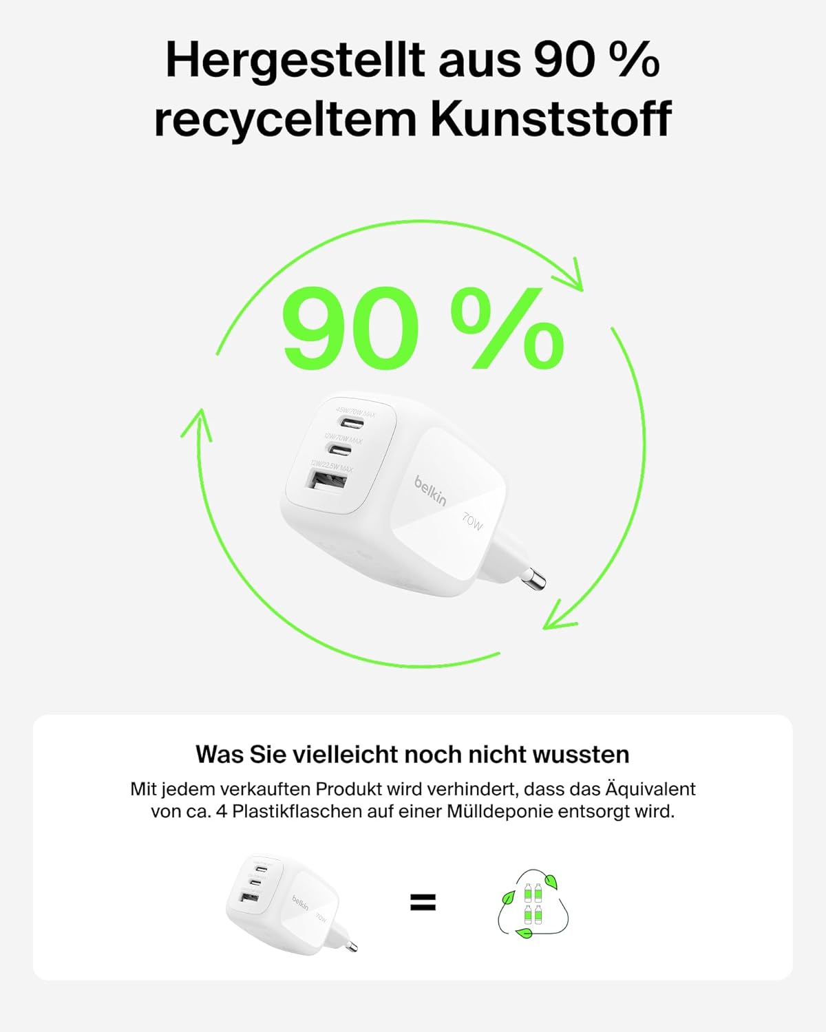 Thumbnail 6 de Belkin 70W GaN-Ladegerät mit 3 Ports (2x USB-C, 1x USB-A) – kompakt, universell einsetzbar