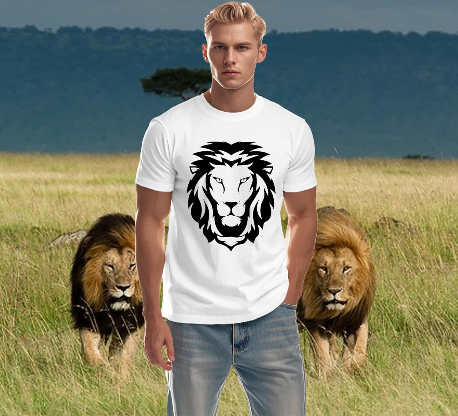 Thumbnail 1 de Qskall Mens Lion Face T Shirt Africa Lions Print T-Shirts Tee Top