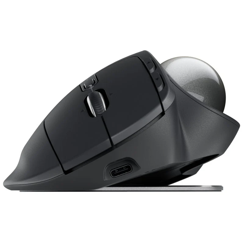 Detalle de Logitech MX Ergo S: trackball ergonómico inalámbrico con inclinación de 20° y 6 botones personalizables