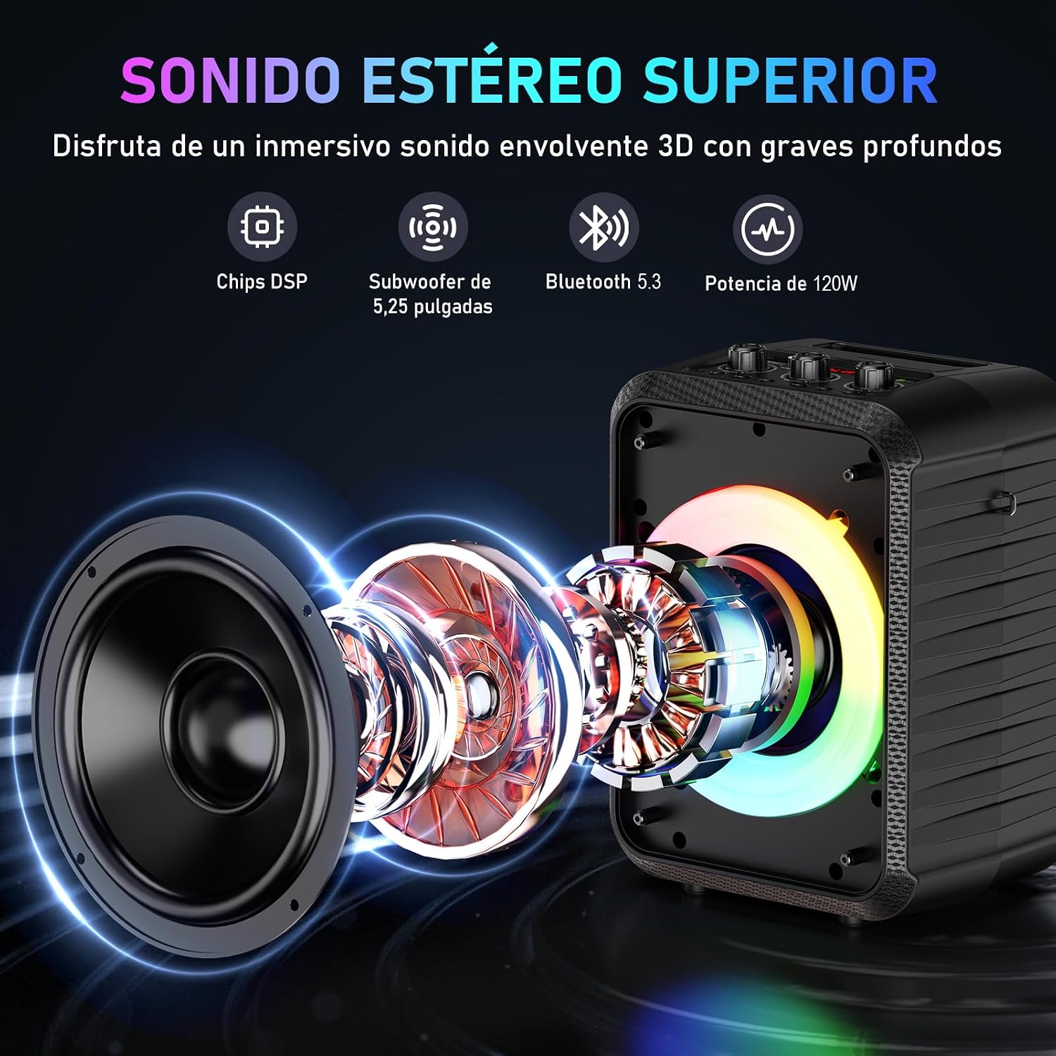 Detalle 2 de HWWR Máquina de karaoke: altavoz PA portátil con 2 micrófonos, luces RGB y Bluetooth 5.3