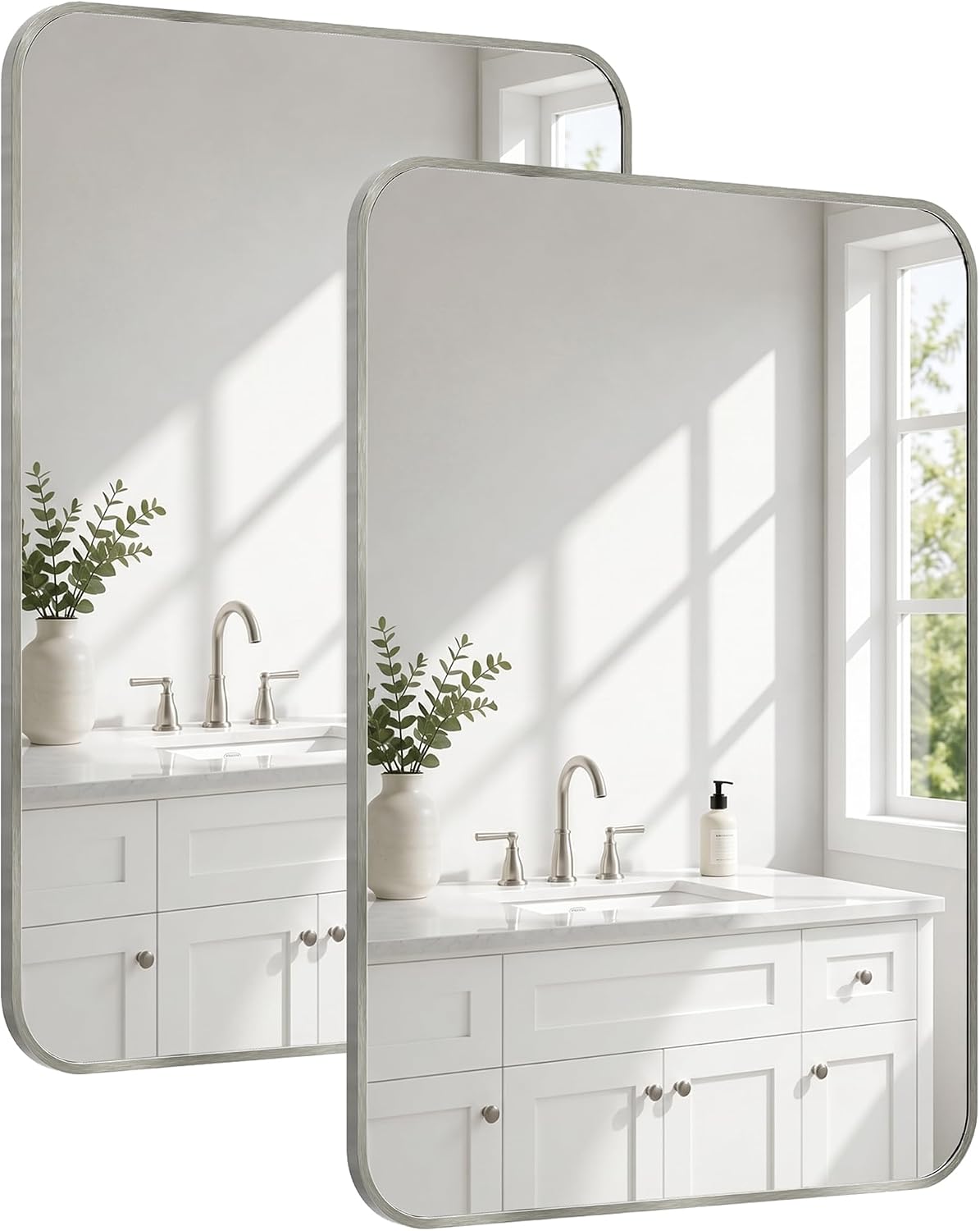 Detalle de Pocetry 24x36 Inch Brushed Nickel Rounded Rectangle Vanity Mirrors (2-Pack) with Slim Aluminum Frame