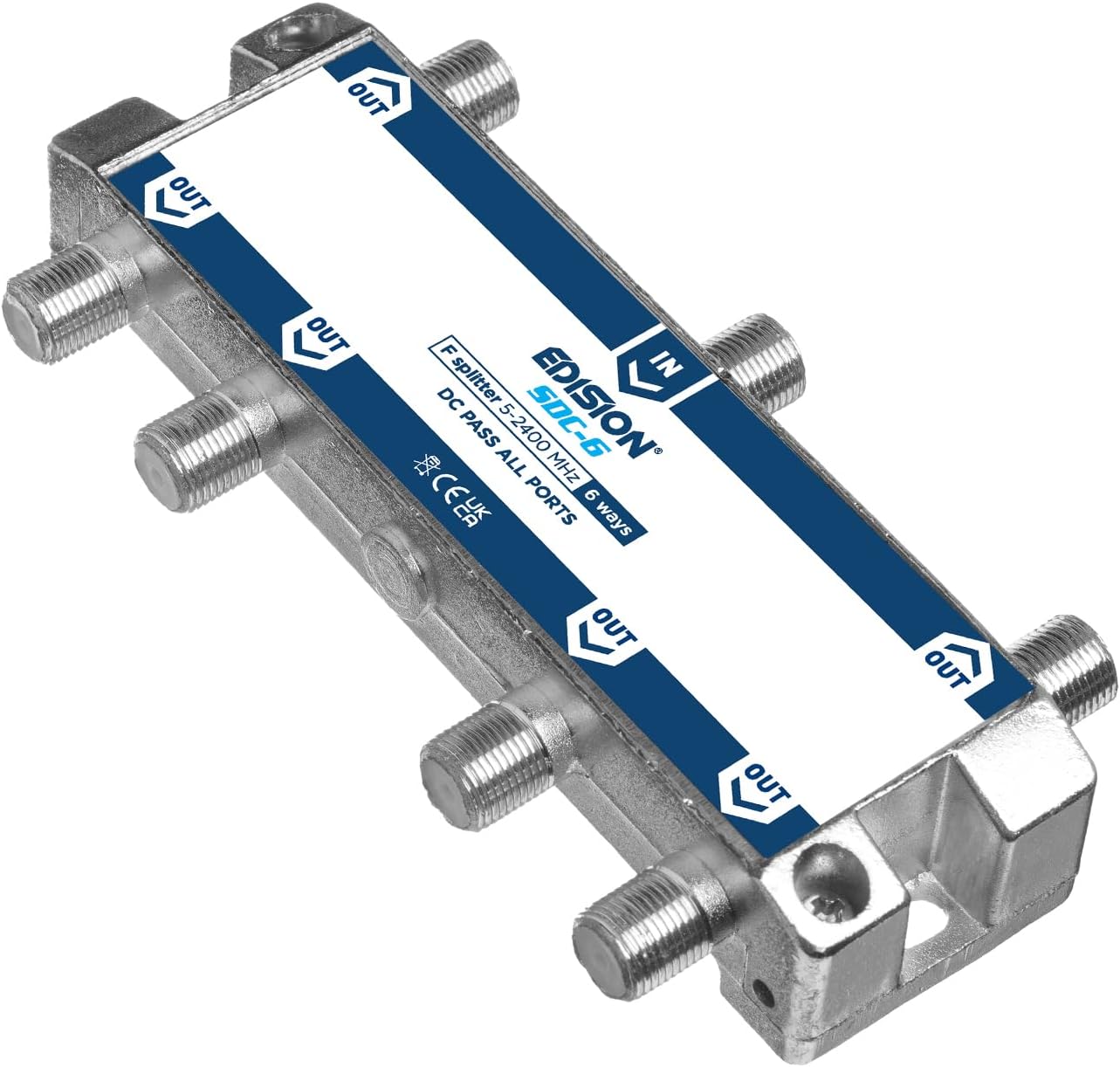 Detalle de Edision SDC-6 TV-splitter med sex utgångar, F-kontakter och DC-pass