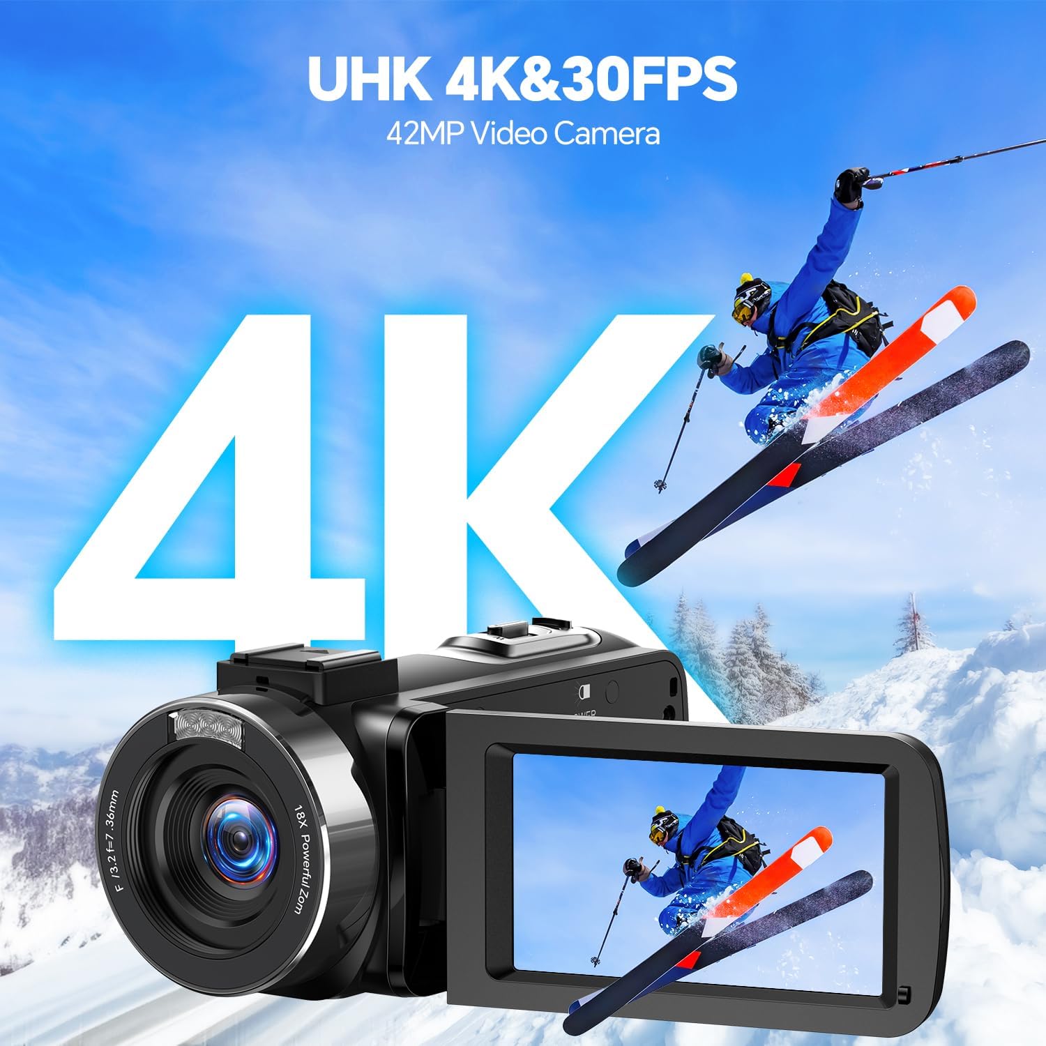 Detalle 2 de FIREFOTO 4K Video Camera Camcorder: 42MP Vlogging, 18X Zoom, 270° Screen, Webcam