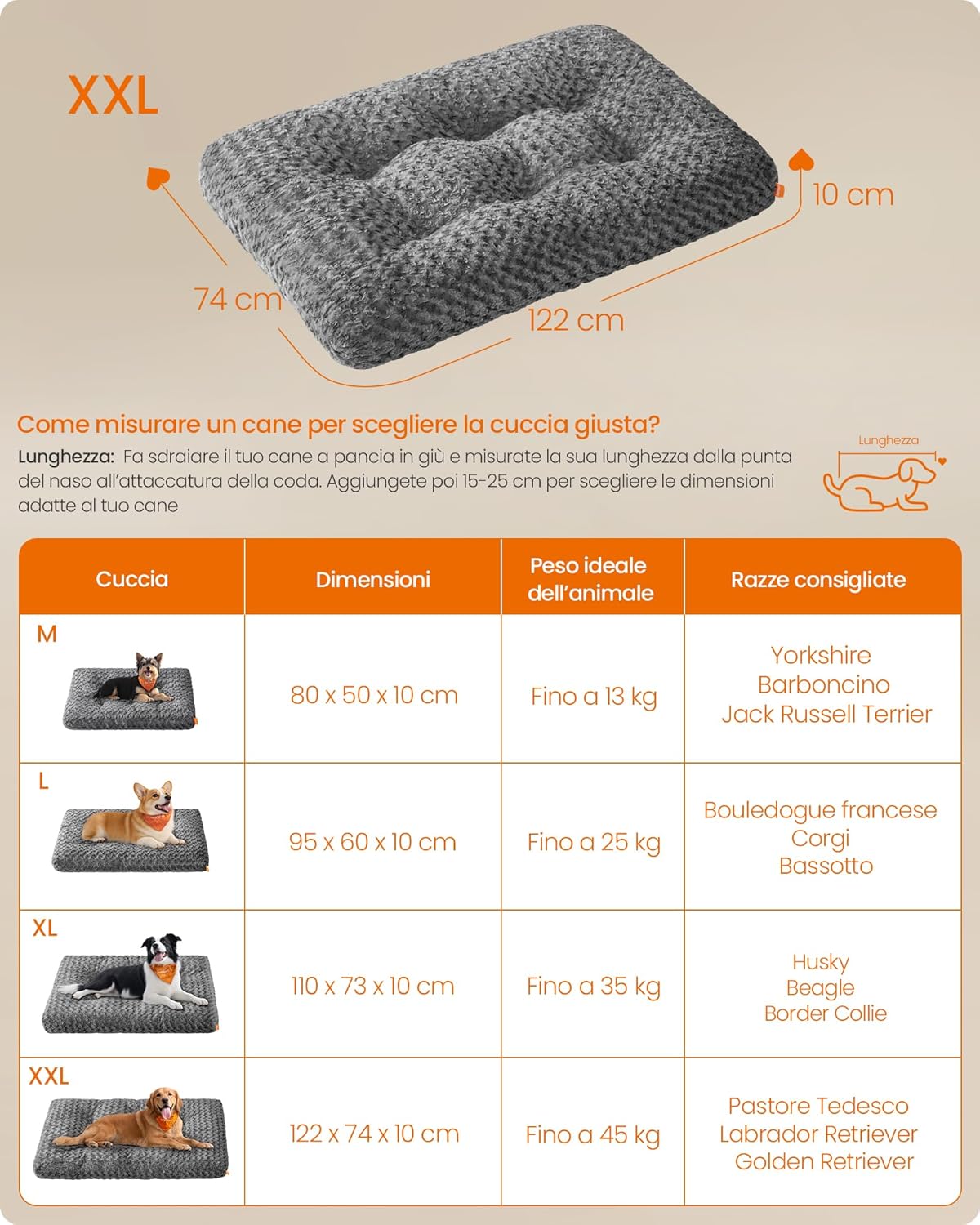 Thumbnail 5 de Feandrea Cuccia per Cani XXL 122 x 74 cm — Letto cuscino in peluche morbido, imbottitura 10 cm, antiscivolo