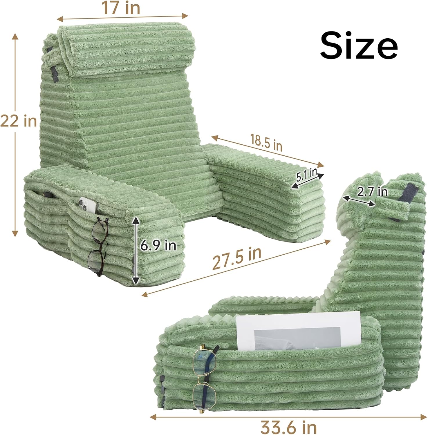 Detalle 2 de ENITYA TR-BS 22" XL Reading Pillow, Dual-Layer Foam, Sage Green