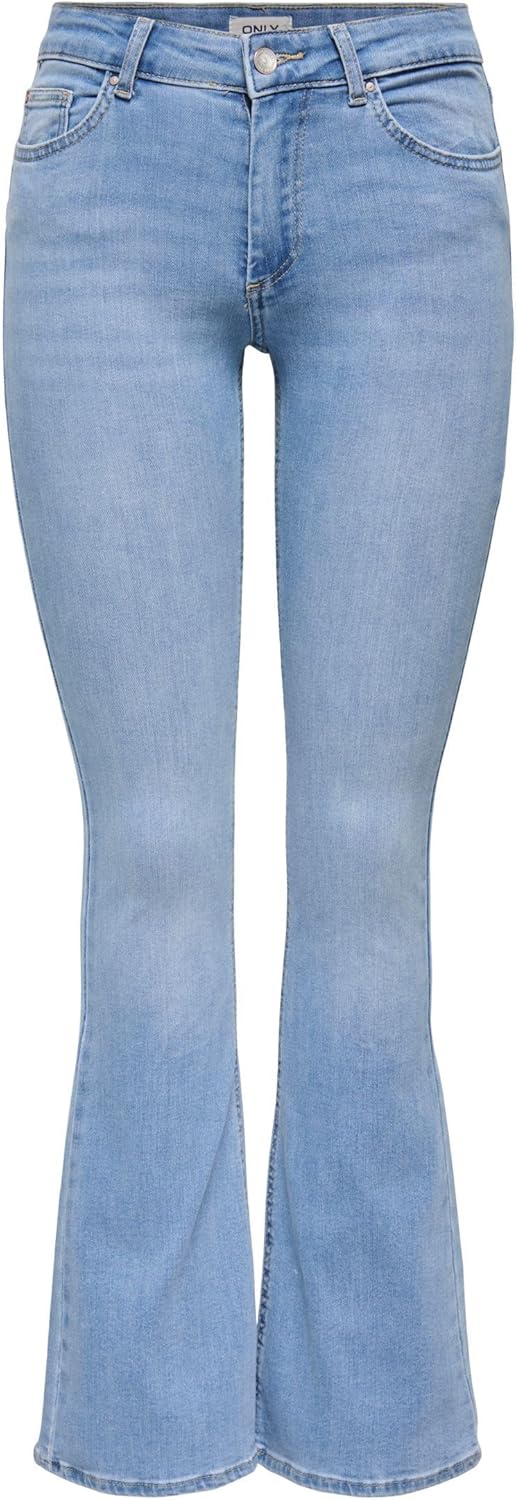 Detalle de ONLY Damen Flared-Jeans ONLBLUSH mit mittlerer Taille (Light Wash) – Super Stretch Denim