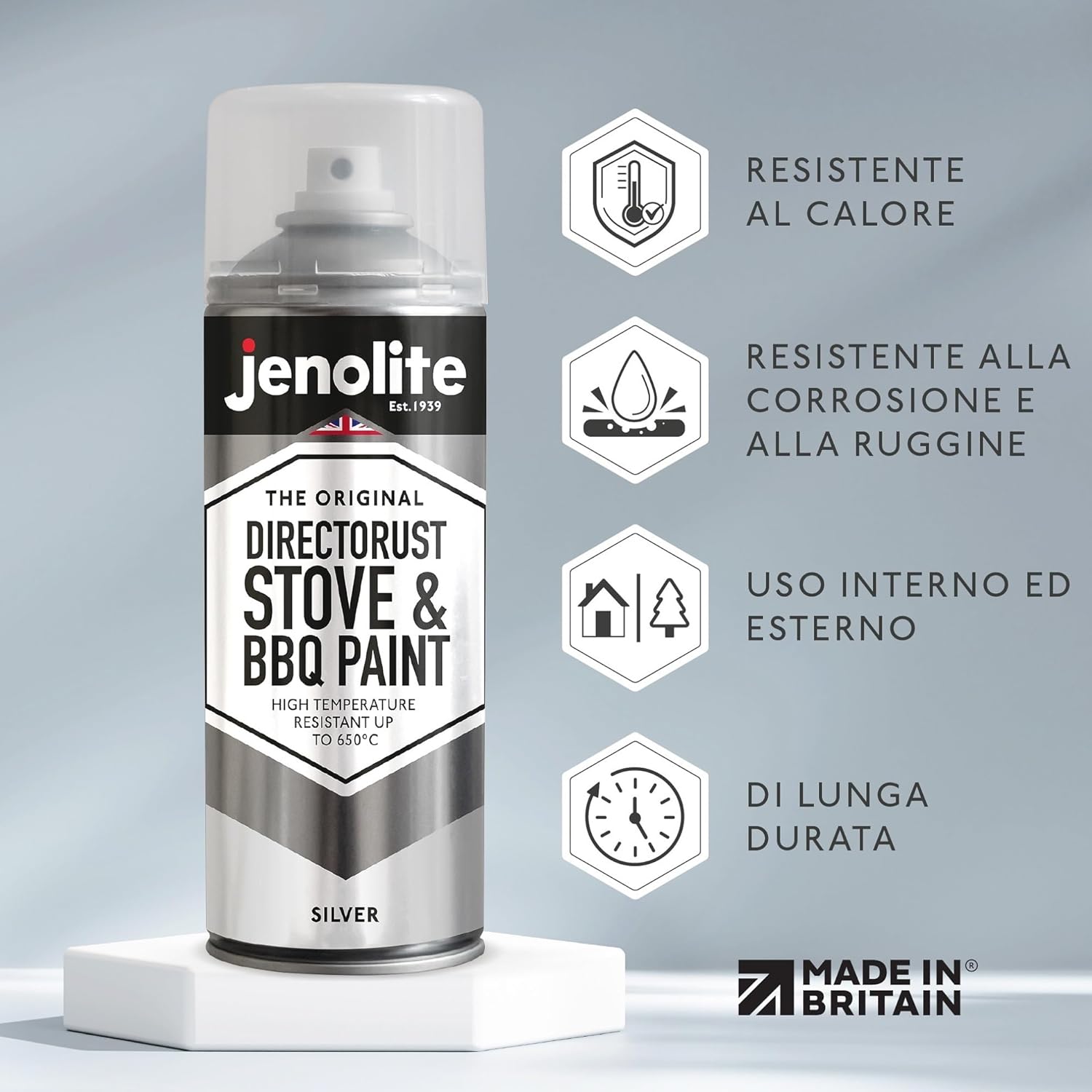 Detalle de JENOLITE Directorust Vernice spray per barbecue e stufa - Argento, resistente fino a 650°C (400ml)