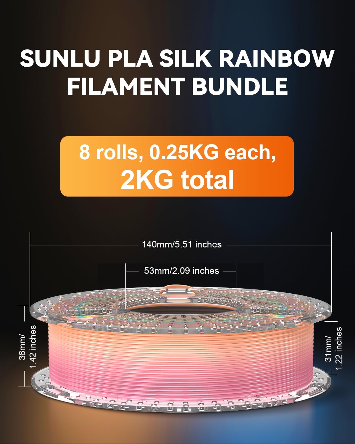 Thumbnail 2 de SUNLU Silk Rainbow PLA+ Filament Bundle (8 x 250g) – 2kg Total, Multicolor with Fast 8m Colour Change