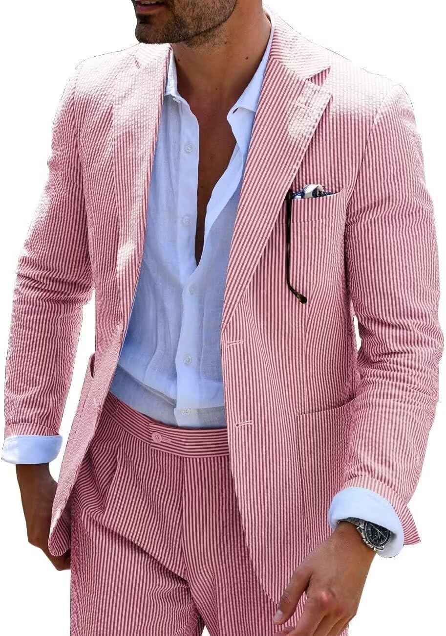 Detalle de Mrbuerly Men’s Blue Seersucker Summer Suit Set (Slim Fit) for Weddings