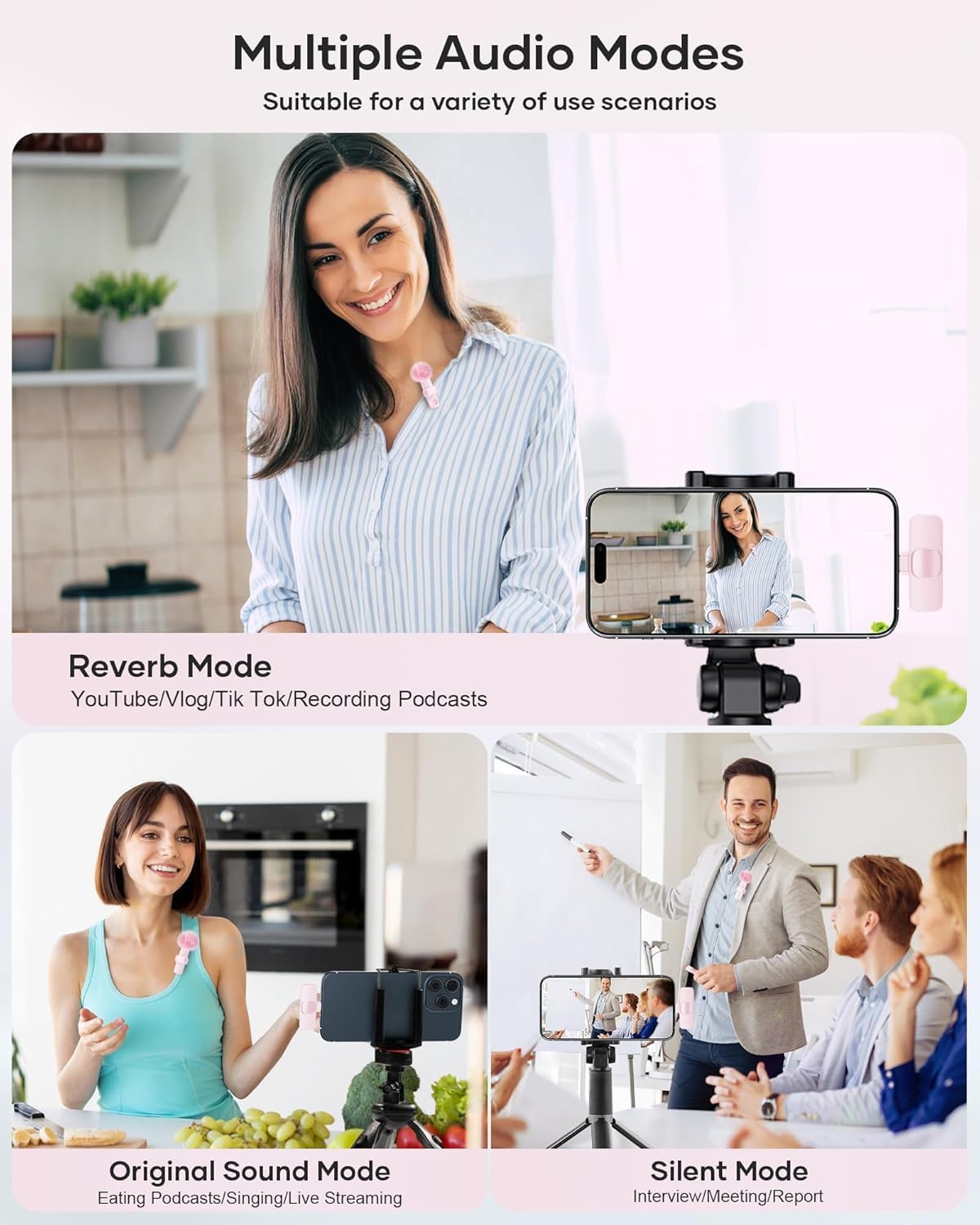 Detalle de KUKIHO Mic-03 Wireless Lavalier Microphone, 2-Pack, Pink, USB-C
