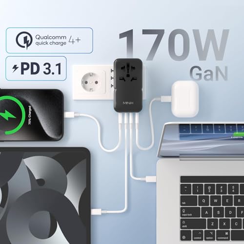 Detalle de MINIX 170W Universal Travel Adapter 🌍 USB-C & USB-A Ports