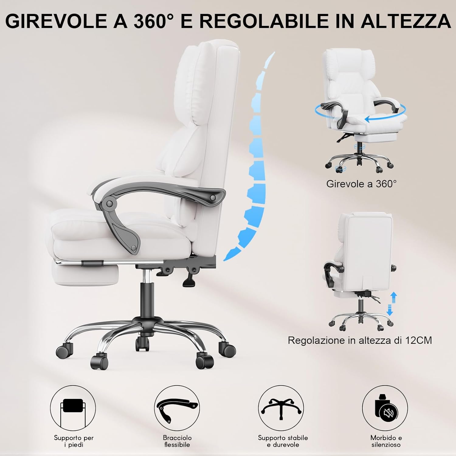 Thumbnail 5 de Sedia da Ufficio Ergonomica con Poggiapiedi e schienale alto in pelle PU di alta qualità – bianco