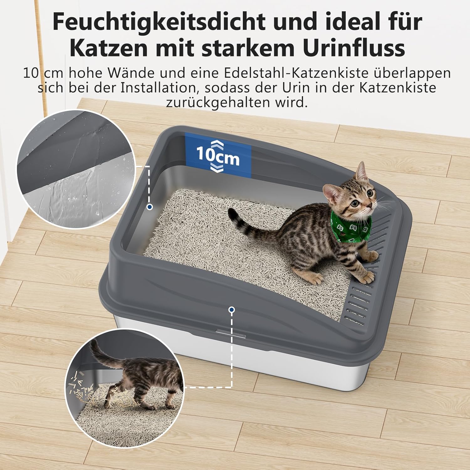 Detalle de FURTIME Litière pour Chat en Acier Inoxydable 18 L avec Pelle et Bac Latéral à Paroi Haute
