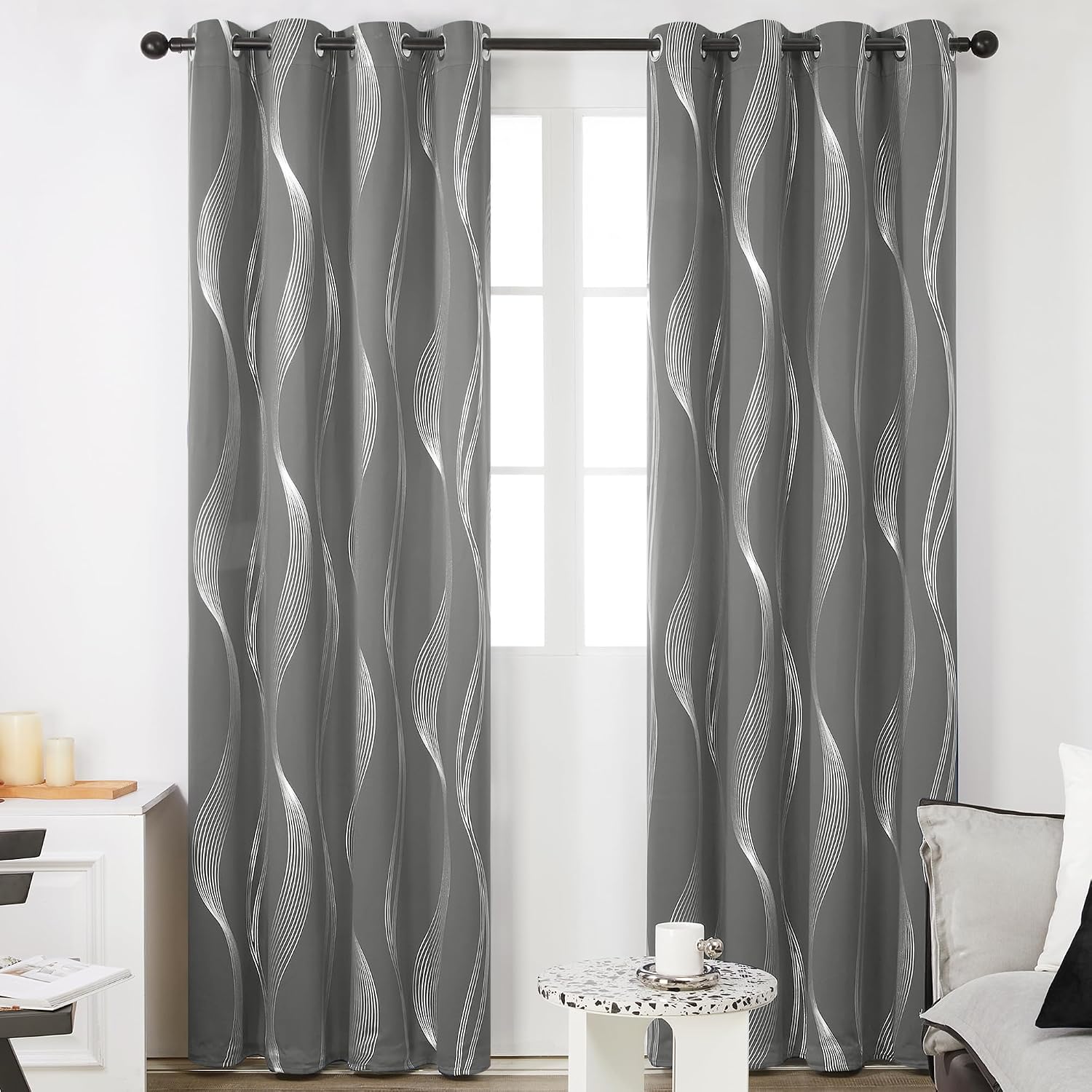 Thumbnail 2 de Deconovo Grey Silver Wave Blackout Curtains 46x90
