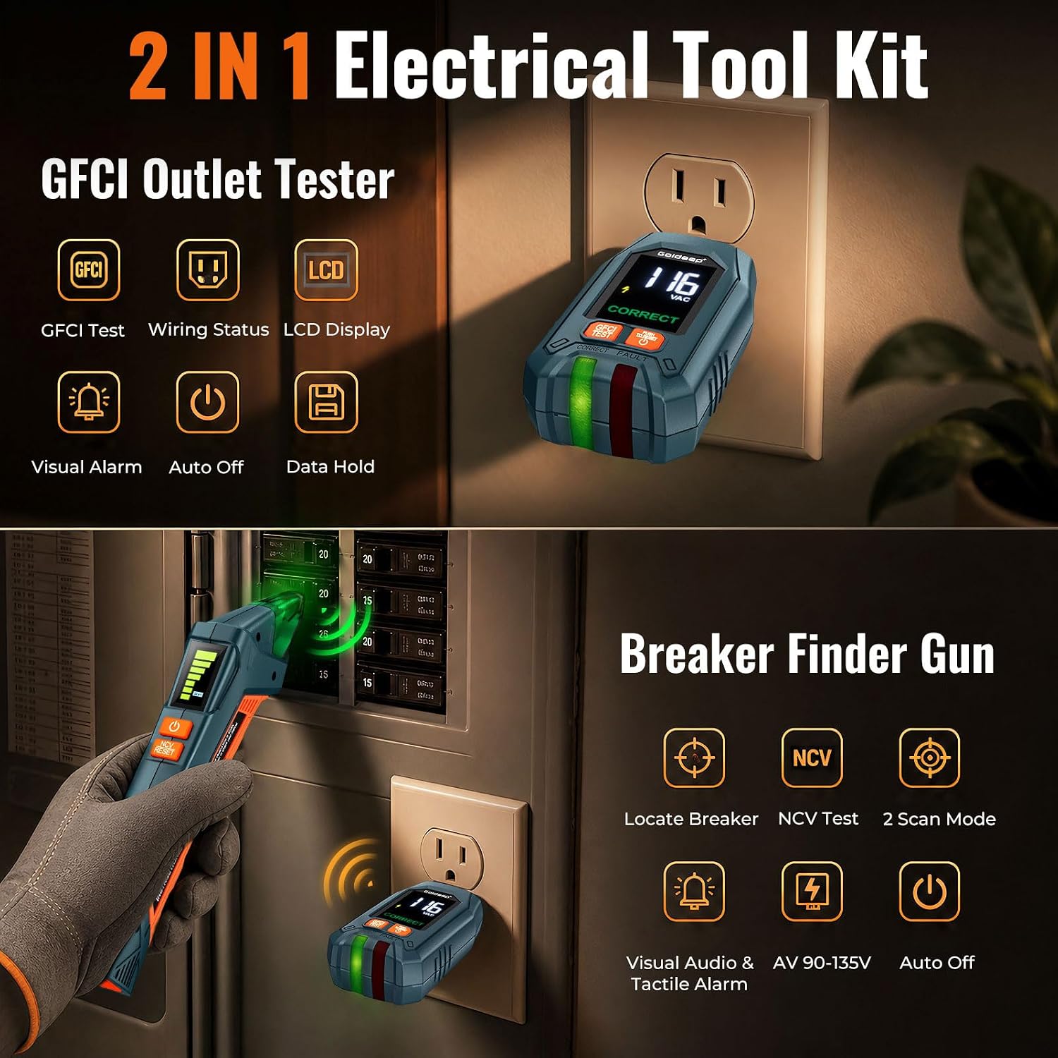 Detalle 2 de Goldeep Circuit Breaker Finder and GFCI Tester, LCD, NCV, 90-135V