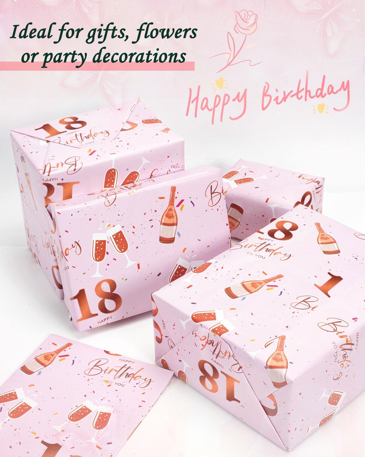 Thumbnail 6 de Vinuwu 6 Sheets 18th Birthday Wrapping Paper – Rose Gold Pink, 70x50cm