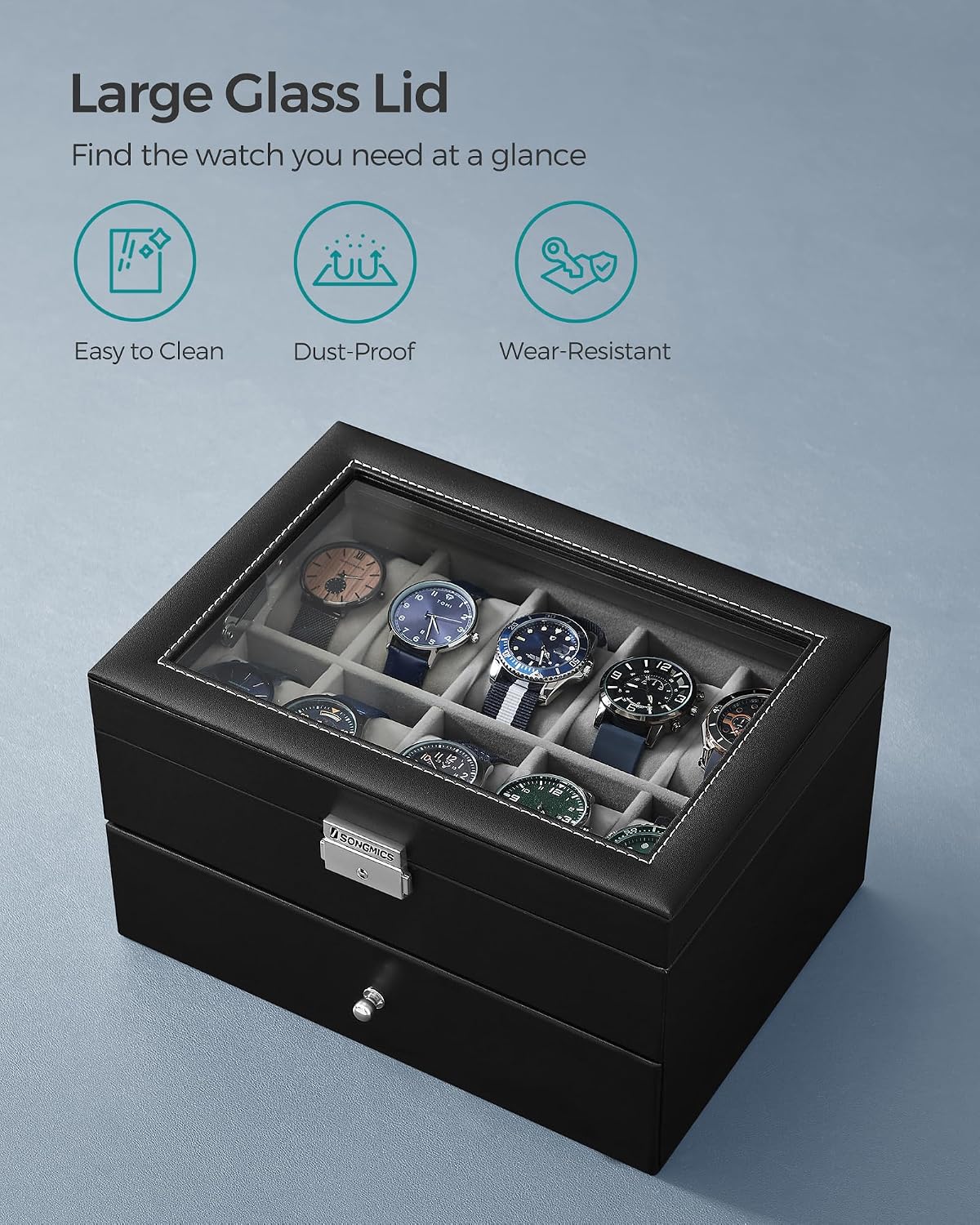 Detalle 1 de SONGMICS JWB020 20-Watch Box with Glass Lid, Lock and Jewellery Drawer