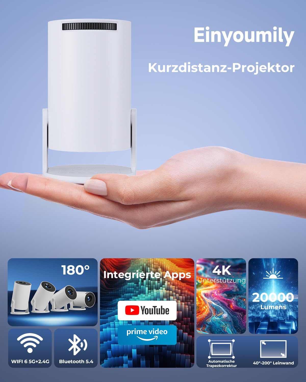 Detalle de Mini Beamer 4K Unterstützt – 2026 Neuer Beamer mit Android 14, 20.000 Lumen, WiFi 6, 180° Dreh, Kurzdistanz