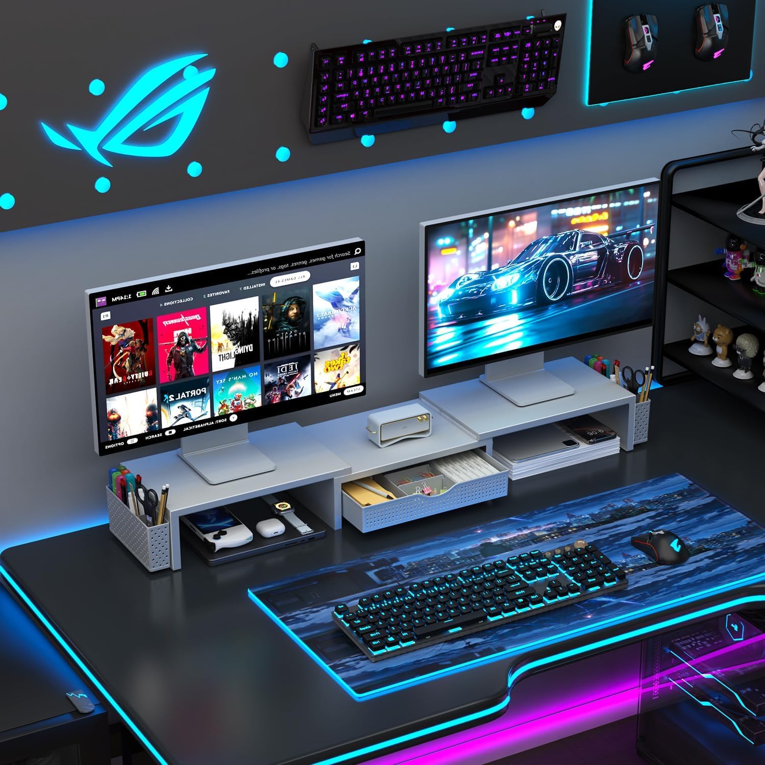 Thumbnail 6 de Pygocereri Doppel Monitorständer – Metall Monitor Erhöhung mit Schublade und 2 Stifthaltern, einstellbar, Weiß