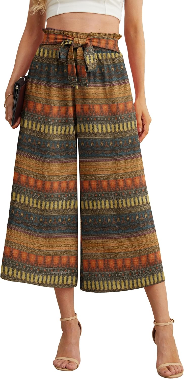 Detalle de IWOLLENCE Women’s Flowly Loose Wide-Leg Pants (High Waist, Adjustable Knot) for Summer Beach & Work Casual