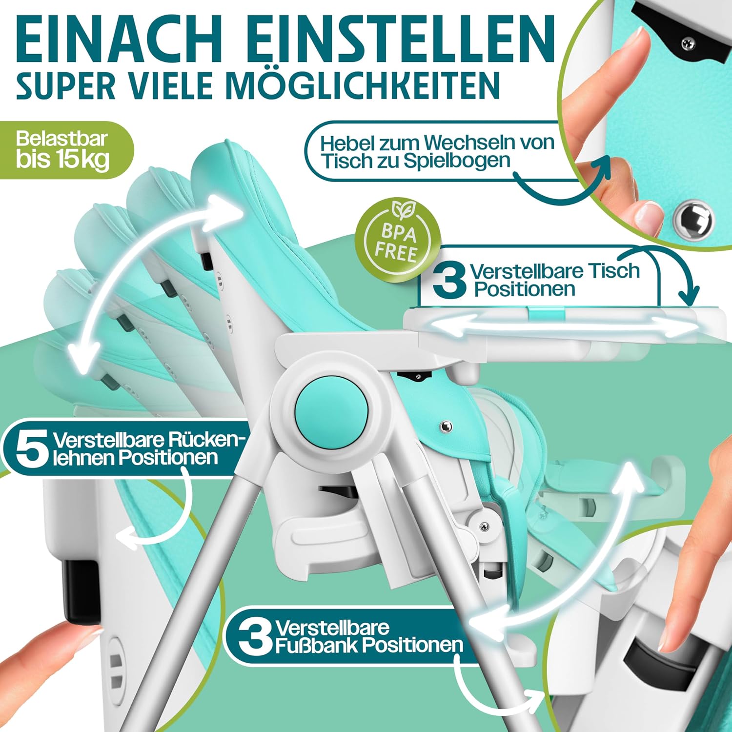 Thumbnail 3 de KIDIZ 3in1 Hochstuhl Türkis
