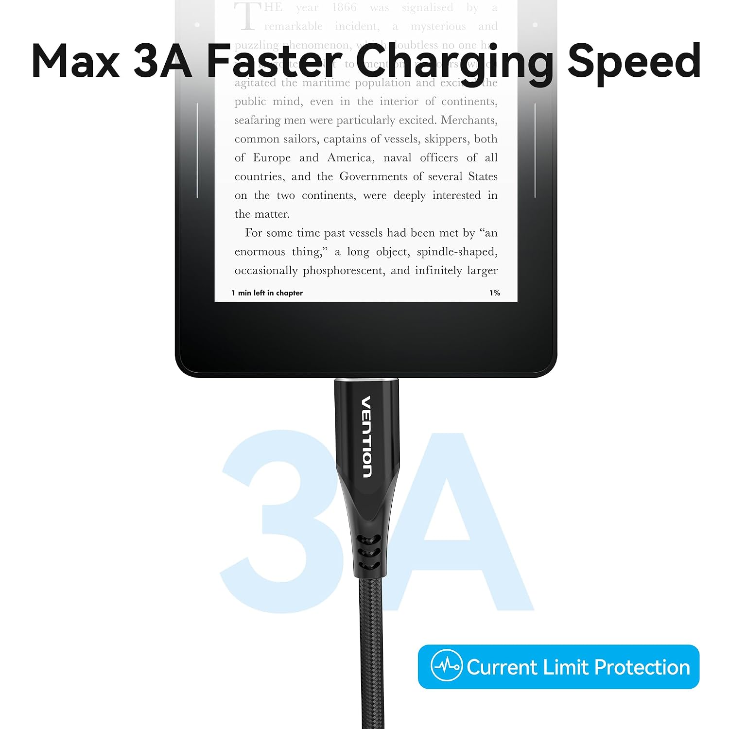 Detalle de Vention Micro USB Cable 3m (Black) – nylon braided charger for Kindle Fire, Android devices and controllers