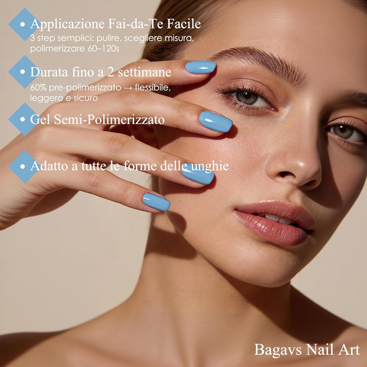 Detalle 2 de Bagavs Unghie Gel Adesive UV 20 PCS Azzurro Pastello – Strisce Semi Polimerizzate per Manicure Veloce a Casa