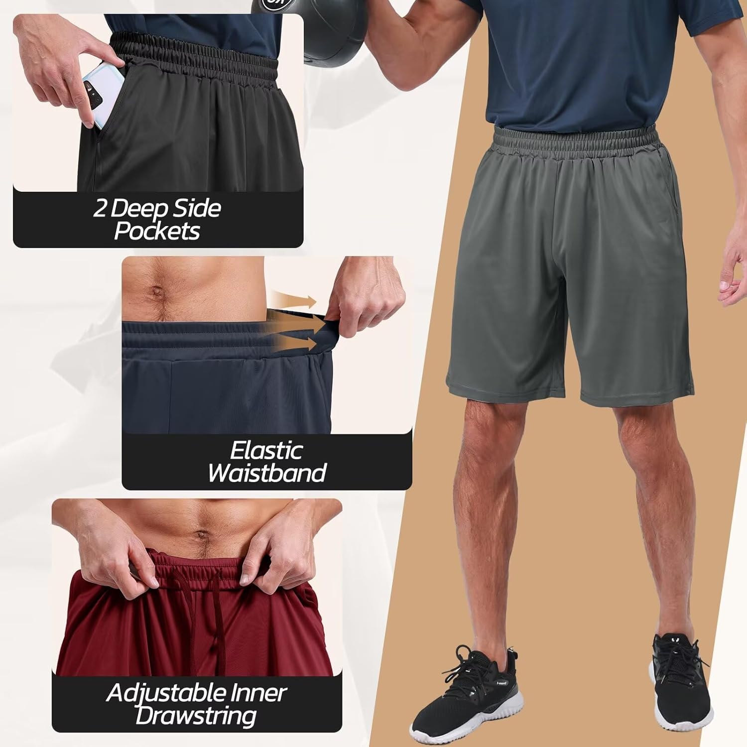 Detalle 2 de BOOJO 3 Pack Gym Shorts for Men with Pockets – UK breathable training shorts