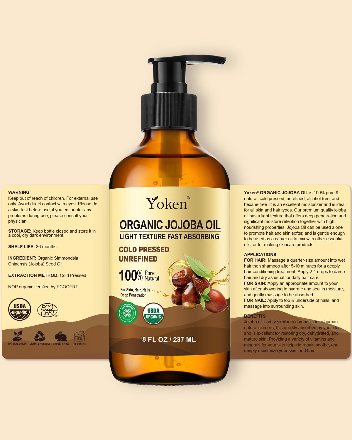 Thumbnail 6 de Yoken Organic Jojoba Oil (8 fl oz) — USDA Certified 100% Pure, Cold-Pressed Unrefined Jojoba Oil in Glass Bottle