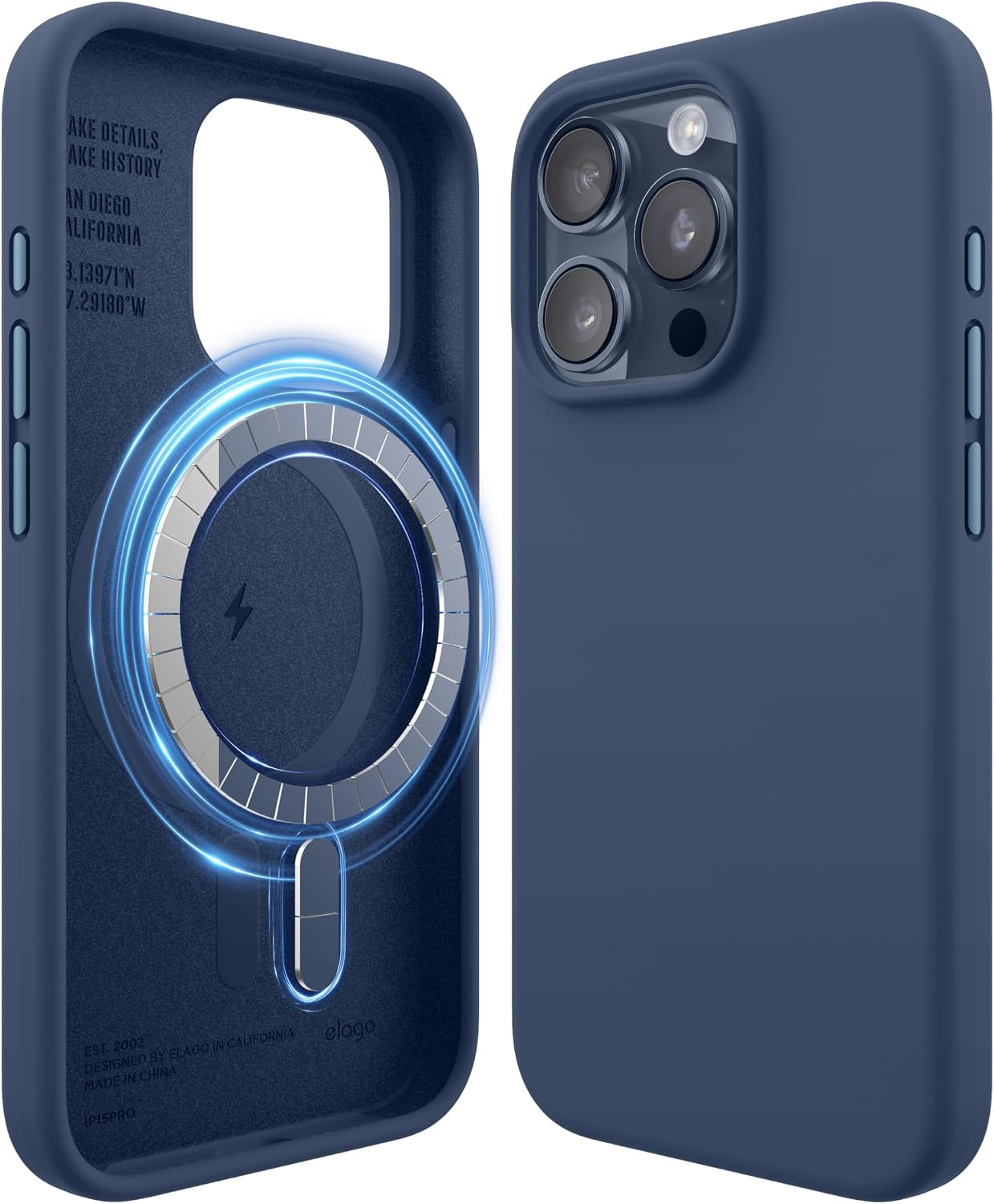 Detalle de elago Coque magnétique en silicone pour iPhone 15 Pro avec MagSafe (bleu) – protection 5 couches