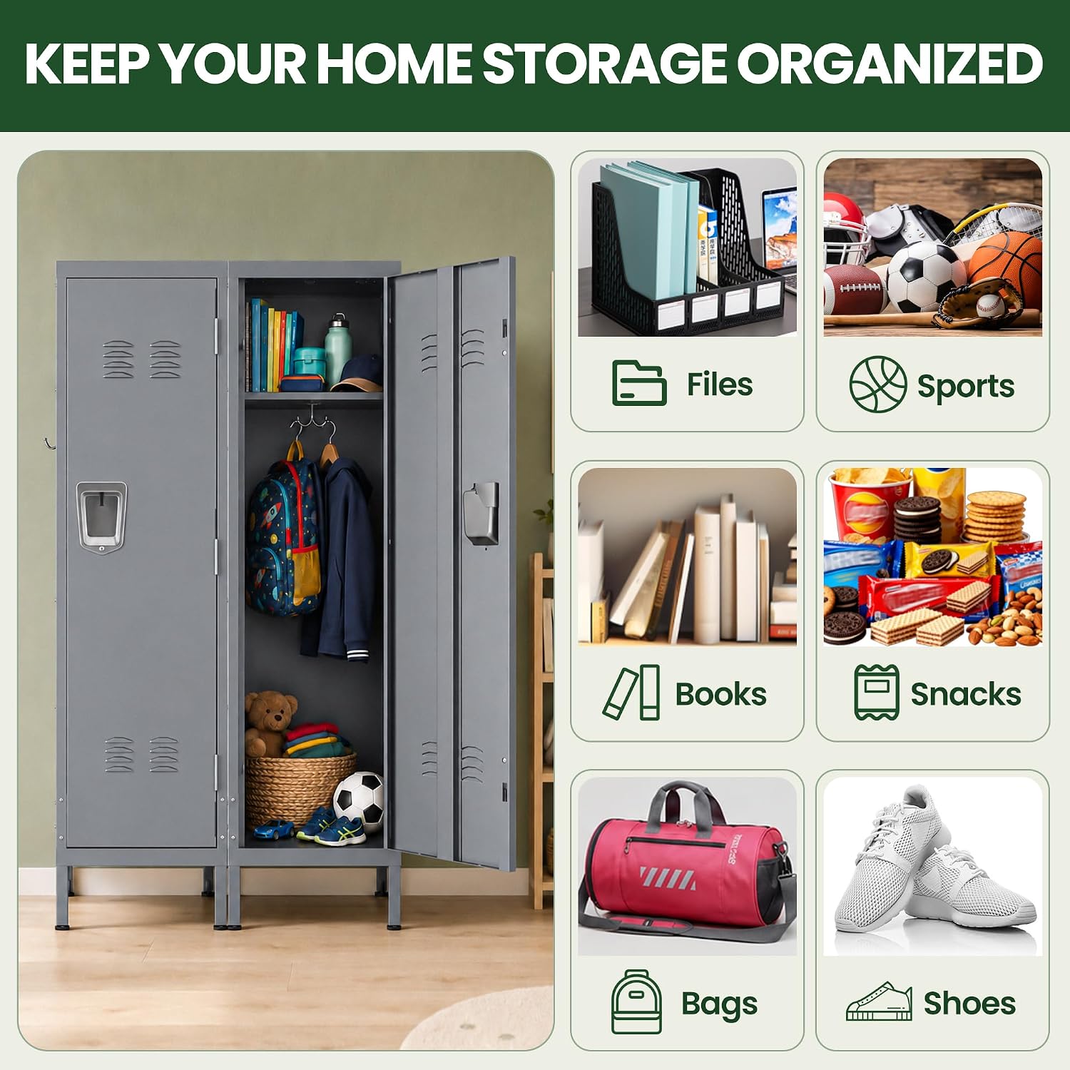 Thumbnail 4 de VIYET SL002 Metal Storage Locker, 1-Door Gray Steel Cabinet with Shelf