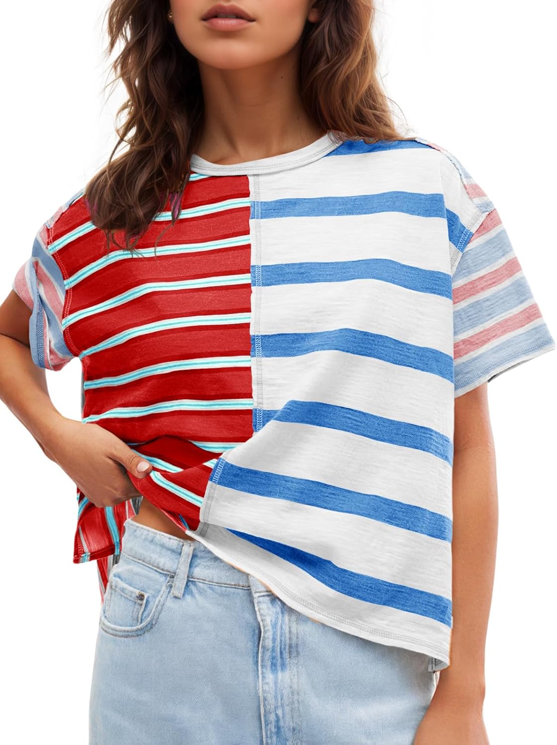 Detalle de Tankaneo Women's Summer Striped Color Block Tees: Loose Fit Crew Neck Short Sleeve Top