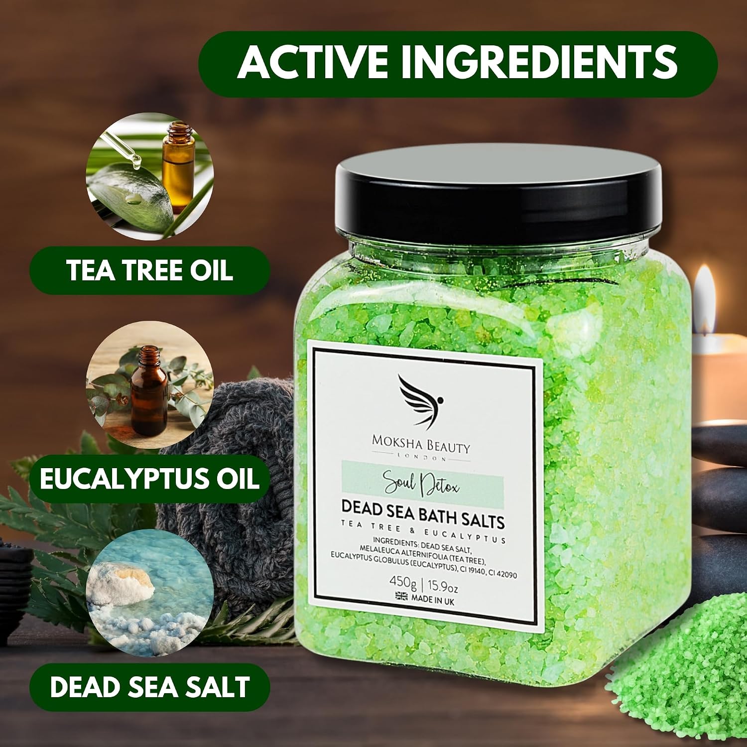 Thumbnail 1 de MOKSHA Sels de bain de la mer Morte au Tea Tree & Eucalyptus pour pieds fatigués