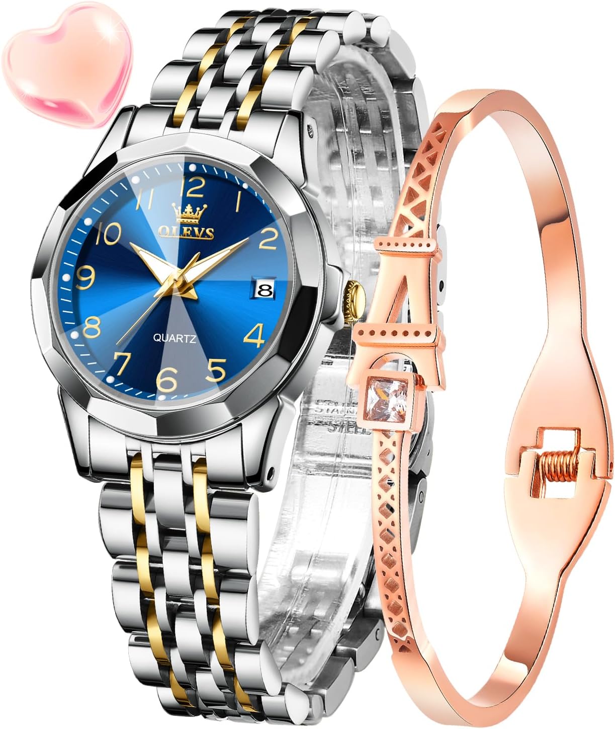 Detalle de OLEVS Montre Femme Analogique Quartz en Acier Inoxydable — Étanche, Lumineuse, Diamant et Cadeau Élégant