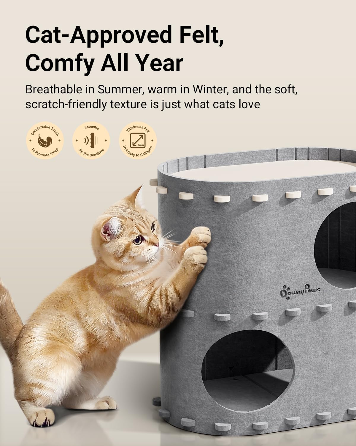 Detalle de DownyPaws Cat House for Indoor Cats: 2-Storey Felt Castle Bed Cave for Multicats