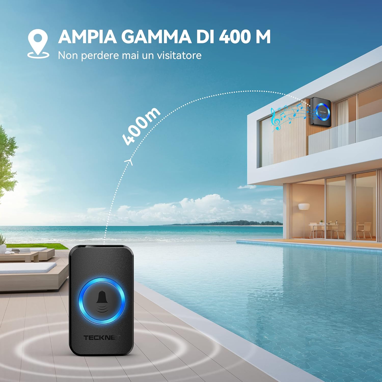 Thumbnail 1 de TECKNET Campanello Wireless da Esterno impermeabile con 60 melodie e raggio fino a 400 m